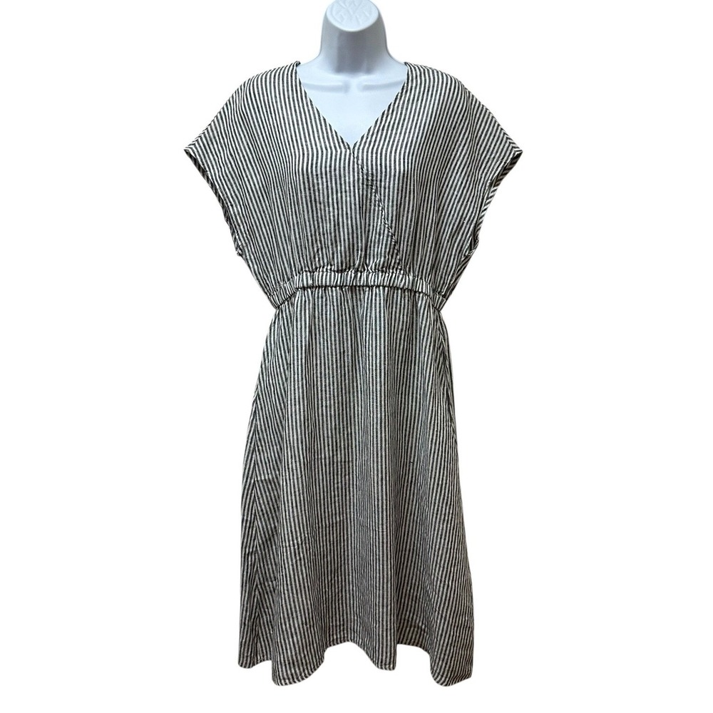 Grae Cove Striped Gray White Linen Dress Short Sleeve Minimalist Women's L NEW